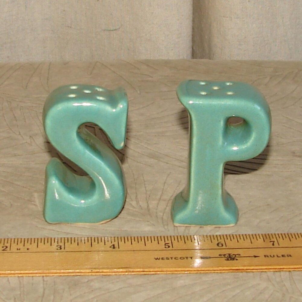 Camark 'S' & 'P' Shaped Salt & Pepper SHAKERS, Green Glaze, Vtg Mid Century